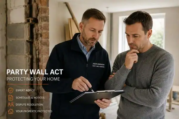 Party wall surveyor Bexhill-on-Sea discussing extension plans with homeowner outside a UK semi-detached house.